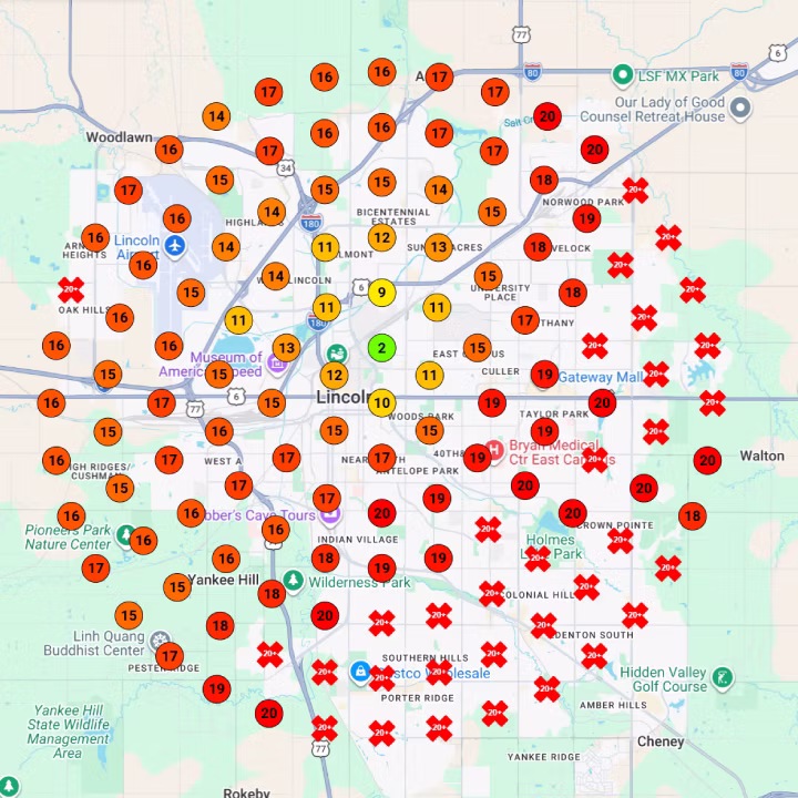 Before rank heatmap of Lincoln, Nebraska. Most pins are orange, yellow, or red, with one green 2 near downtown and red marks along the east and south edges.